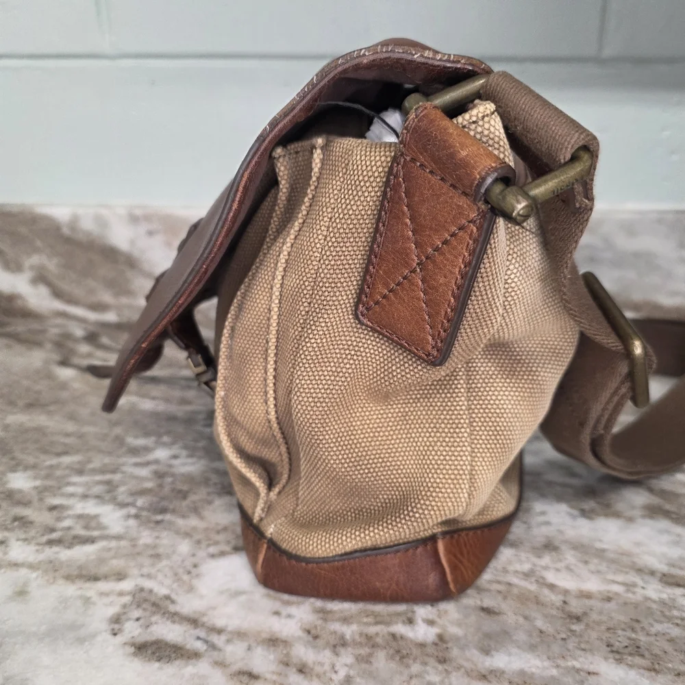 Fossil Brown Leather and Tan Canvas Messenger Bag